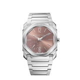 Octo Finissimo Automatic watch in satin-polished stainless steel with mechanical manufacture ultra-thin movement (2.23 mm thick), automatic winding and sun-brushed metallic salmon dial with rhodium applied stickers. Water resistant up to 100 meters. 103856 image 1