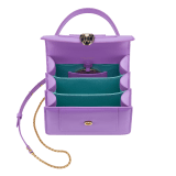 Serpenti Forever small top handle bag in white agate calf leather with heather amethyst fuchsia grosgrain lining. Captivating snakehead closure in light gold-plated brass embellished with black and white agate enamel scales and green malachite eyes. 1122-CLa image 4