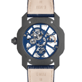 Octo Roma Tourbillon Sapphire watch with mechanical manufacture movement, flying tourbillon, manual winding, titanium case with black Diamond Like Carbon treatment, sapphire middle case, blue PVD calibre decorated with 18 kt rose gold indexes on the bridges and blue alligator bracelet 103154 image 4