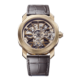 Octo Roma Naturalia watch with mechanical manufacture movement, manual winding and flying tourbillon, satin-polished 18 kt rose gold case, tiger's eye middle case, caliber and bar-indexes, transparent case back and brown alligator bracelet. Water-resistant up to 50 meters. 103675 image 1