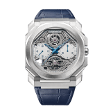 Octo Finissimo Tourbillon Skeleton Chronograph watch with mechanical manufacture ultra-thin movement (3.50 mm thick), automatic winding, single-push chronograph and tourbillon, 43 mm platinum case, openwork dial with grey chronograph counters and blue alligator bracelet. Water-resistant up to 30 metres. Limited Edition of 30 pieces. 103510 image 1