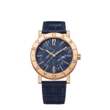 Bvlgari Bvlgari watch with mechanical automatic in-house movement, 18 kt rose gold case and bezel engraved with double logo, blue marble dial and blue alligator bracelet. Water-resistant up to 50 metres 104113 image 1