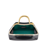 Serpentine mini top handle bag in black smooth calf leather with emerald green nappa leather lining. Captivating snake body-shaped top handle in gold-plated brass embellished with engraved scales and red enamel eyes, press-button closure and light gold-plated brass hardware. SRN-1291 image 4