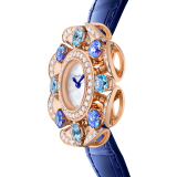 DIVAS' DREAM watch with 18 kt rose gold case set with round brilliant-cut diamonds, topazes and tanzanites, white mother-of-pearl dial and blue alligator bracelet. Water-resistant up to 30 meters. 103752 image 2