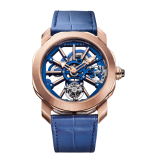 Octo Roma Tourbillon Sapphire watch with mechanical manufacture skeletonised movement with manual winding and flying tourbillon, 44 mm 18 kt rose gold case, sapphire middle case, blue calibre decorated with 18 kt rose gold indexes on the bridges and blue alligator strap. Water-resistant up to 50 metres. 103699 image 1