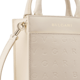 Bulgari Logo mini tote bag in black calf leather with hot-stamped Infinitum pattern and teal topaz green grosgrain lining. Light gold-plated brass hardware. BVL-1228S-ICLa image 5