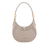 Serpenti Ellipse small crossbody bag in Urban grain and smooth flamingo quartz pink calf leather with flamingo quartz pink gros grain lining. Captivating snakehead closure in gold-plated brass embellished with black onyx scales and red enamel eyes. Online exclusive colour. 1204-UCLa image 3