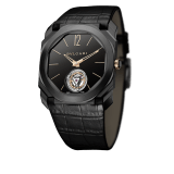 Octo Tourbillon watch with extra thin mechanical manufacture movement, manual winding and ball-bearing system, titanium case with Diamond Like Carbon treatment, black lacquered dial with tourbillon see-through opening and black alligator bracelet. 102560 image 2