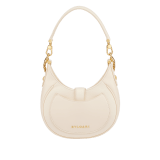Serpenti Ellipse small crossbody bag in Urban grain and smooth ivory opal calf leather with flamingo quartz pink gros grain lining. Captivating snakehead closure in gold-plated brass embellished with black onyx scales and red enamel eyes. 1204-UCL image 4