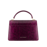 Serpenti Forever mini top handle bag in light amethyst pure karung with light amethyst nappa leather lining. Captivating snakehead magnetic closure in gold-plated brass embellished with light amethyst enamel and gold-plated brass scales, and black onyx eyes. SEA-001-1283XS-kar image 2