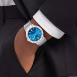 BULGARI BULGARI watch with mechanical manufacture movement, automatic winding and date, BVL 191 - Solotempo caliber decorated with côtes de Genève, chamfering and snailed finishing, 41 mm stainless steel case, bezel engraved with double logo. crown set with with black ceramic insert, blue laquered sunray dial, stainless steel polished bracelet and folding buckle. Hours, minutes, seconds and date functions. Power reserve 42 hours. Water proof up to 50. 103720 image 1