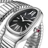 Serpenti Tubogas Lady watch, 35 mm stainless steel curved case and bezel set with diamonds, stainless steel crown set with a cabochon cut rubellite, black dial with guilloché soleil treatment and double spiral stainless steel bracelet. Quartz movement hours and minutes functions. Water proof 30 m. 103433 image 2