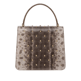 Serpenti Forever small top handle bag in foggy opal grey shiny karung Cabochon skin with crystal rose nappa leather lining. Captivating snakehead magnetic closure in light gold-plated brass embellished with black enamel and light gold-plated brass scales, and black onyx eyes. 293334 image 3