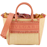 Bulgari Logo medium tote bag in beige raffia with coral carnelian orange calf leather details and customisable tag with hot stamped "Saudi" inscription on one side, coral carnelian orange raffia fringes and beetroot spinel fuchsia nappa leather lining. Iconic Bulgari logo stitched motif, detachable satin satchel with multicoloured print outside and beetroot spinel fuchsia inside, and drawstring closure with captivating snakeheads in light gold-plated brass. Special Resort Edition exclusive to Saudi Arabia. 292510 image 2