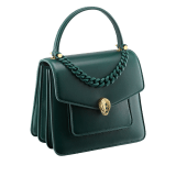 "Serpenti Forever" small maxi chain top handle bag in Forest Emerald green nappa leather, with an Deep Garnet bordeaux nappa leather internal lining. New Serpenti head closure in gold-plated brass, finished with small green malachite scales in the middle, and red enamel eyes. 1133-MCNa image 2