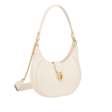 Serpenti Ellipse medium shoulder bag in Urban grain and smooth ivory opal calf leather with flamingo quartz pink gros grain lining. Captivating snakehead closure in gold-plated brass embellished with black onyx scales and red enamel eyes. 1190-UCL image 2