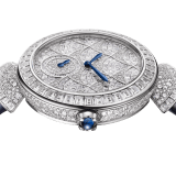 DIVAS' DREAM Finissima Mosaica watch with extra-thin mechanical manufacture movement with minute repeater, 2 hammers (manual winding), 37 mm 18 kt white gold case fully set with snow-pavé and baguette-cut diamonds, dial set with baguette and brilliant-cut diamonds, blue hands, transparent caseback and blue alligator bracelet 103497 image 4