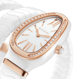 Serpenti Spiga Lady watch, 35 mm white ceramic curved case, 18 kt rose gold bezel set with brilliant cut diamonds . 18 kt rose gold crown set with a cabochon cut ceramic element, white lacquered polished dial, white ceramic double spiral bracelet with 18 kt rose gold elements. Quartz movement, hours and minutes functions. Water proof 30 m. 102886 image 2
