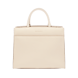Bulgari Logo tote bag in ivory opal smooth and grain calf leather with black gros grain lining. Iconic Bvlgari logo decorative chain motif in light gold-plated brass. BVL-1192 image 3
