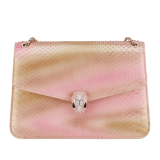 Serpenti Forever medium shoulder bag in pyrite Decò gold python skin with crystal rose nappa leather lining. Captivating snakehead magnetic closure in light gold-plated brass embellished with caramel topaz beige and white mother-of-pearl enamel scales, and black onyx eyes. 292077 image 1