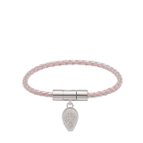 Serpenti Forever bracelet in primrose quartz pink and silver braided calf leather. Palladium-plated brass captivating snakehead charm embellished with red enamel eyes, attached on the frontal clasp closure. SERPHERBRAID-WCL-PQ image 1