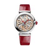 LVCEA Skeleton watch with mechanical manufacture movement, automatic winding, stainless steel case, openwork BVLGARI logo dial and red alligator bracelet 102879 image 1
