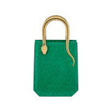Serpentine mini tote bag in vivid emerald green shiny ostrich skin with vivid emerald green nappa leather lining. Captivating snake body-shaped handles in gold-plated brass embellished with engraved scales and red enamel eyes. 293262 image 1