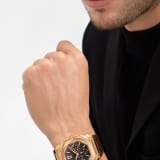 Octo Finissimo Chronograph GMT watch with mechanical manufacture ultra-thin movement (3.30 mm thick), automatic winding, 43 mm satin-polished 18 kt rose gold case, brown lacquered dial with sunray finishing and brown alligator bracelet. Water-resistant up to 100 meters. 103468 image 6