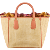 Bulgari Logo medium tote bag in beige raffia with coral carnelian orange calf leather details and customisable tag with hot stamped "Saudi" inscription on one side, coral carnelian orange raffia fringes and beetroot spinel fuchsia nappa leather lining. Iconic Bulgari logo stitched motif, detachable satin satchel with multicoloured print outside and beetroot spinel fuchsia inside, and drawstring closure with captivating snakeheads in light gold-plated brass. Special Resort Edition exclusive to Saudi Arabia. 292510 image 8