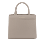 Bulgari Logo small tote bag in foggy opal grey smooth and grained calf leather with linen agate beige grosgrain lining. Iconic Bulgari logo decorative chain in light gold-plated brass, with hook fastening. BVL-1202SCLL image 3