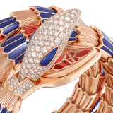 Serpenti Secret Watch with 18 kt rose gold head set with pavé diamonds and lapis lazuli eyes, 18 kt rose gold case, 18 kt rose gold dial set with brilliant cut diamonds, 18 kt rose gold double spiral bracelet coated with blue and red lacquer and set with pavé diamonds. 102445 image 2