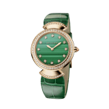 DIVAS' DREAM Lady watch, 30 mm 18 kt rose gold case, 18 kt rose gold bezel and fan-shaped links both set with brilliant-cut diamonds, 18 kt rose gold crown set with a cabochon-cut rubellite, malachite dial, diamond indexes, green alligator strap and 18 kt rose gold pin buckle. Quartz movement, hours and minutes functions. Water-resistant up to 30 metres. 103119 image 2