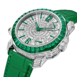 Octo Roma Grande Sonnerie watch with mechanical manufacture movement, automatic winding, Grande and Petite Sonnerie, 4-hammer Westminster chime and minute repeater. 18 kt white gold case set with baguette-cut emeralds and diamonds, transparent case back, dial set with baguette-cut diamonds and green alligator bracelet. Water-resistant up to 30 metres. One-of-a-kind timepiece. 103553 image 3