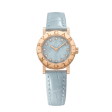 Bvlgari Bvlgari watch with 18 kt rose gold case and bezel engraved with double logo, icy blue marble dial, 12 diamond indexes and light blue alligator bracelet. Water-resistant up to 30 metres 104191 image 1
