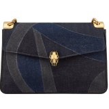 Serpenti Forever large shoulder bag in blue Patch Denim with emerald green nappa leather lining. Captivating snakehead magnetic closure in gold-plated brass embellished with black enamel and gold-plated brass scales, and black onyx eyes. 293464 image 1