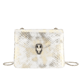 “Serpenti Forever” crossbody bag in roccia "Mineral" python skin. Iconic snakehead closure in light gold plated brass enriched with black and hawk's eye enamel, and black onyx eyes. 422-Pd image 1