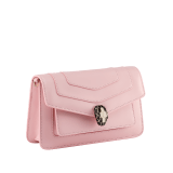 Serpenti Forever East-West small shoulder bag in primrose quartz pink calf leather, with heather amethyst pink grosgrain lining. Captivating magnetic snakehead closure in light gold-plated brass embellished with black and white agate enamel scales and black onyx eyes. 1237-Cla image 2