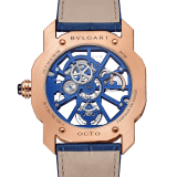 Octo Roma Tourbillon Sapphire watch with mechanical manufacture skeletonised movement with manual winding and flying tourbillon, 44 mm 18 kt rose gold case, sapphire middle case, blue calibre decorated with 18 kt rose gold indexes on the bridges and blue alligator strap. Water-resistant up to 50 metres. 103699 image 6