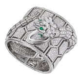 Serpenti Misteriosi Romani watch with 18 kt white gold handcuff fully set with snow-pavé diamonds, 18 kt white gold body of a snake set with round brilliant-cut diamonds, head set with a flower in pear shaped and marquise shaped diamonds and two pear shaped emerald eyes, and dial fully set with round brilliant-cut diamonds 103076 image 1