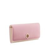 BULGARI BULGARI large wallet in primrose quartz pink and ivory opal Urban grain calf leather with primrose quartz pink edges and sorbet citrine yellow nappa leather interior. Iconic light gold-plated brass clip enamelled in primrose quartz pink with flap closure. 579-WLT-SLI-POC-UCL image 1