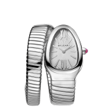 Serpenti Tubogas Lady watch, 35 mm stainless steel curved case, stainless steel crown set with a cabochon cut pink rubellite, silver opaline dial with guilloché soleil treatment and hand-applied indexes, single spiral stainless steel bracelet. Quartz movement, hours and minutes functions. Water proof 30 m. SrpntTubogas-white-dial1 image 1