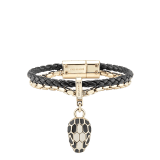 Serpenti Forever bracelet in black braided calf leather and light gold-plated brass chain with magnetic clasp closure. Captivating snakehead charm with black and white agate enamel scales and black enamel eyes. SerpBraidChain-WCL-B image 1