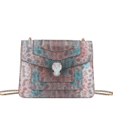 Serpenti Forever small crossbody bag in multicolored Sugarplum karung skin with watercolor opal light blue nappa leather lining. Captivating magnetic snakehead closure in light gold-plated brass embellished with purple and green enamel scales, and black onyx eyes. 292894 image 1
