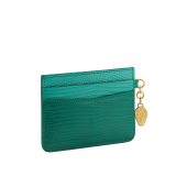 Serpenti Forever card holder in beetroot spinel fuchsia dégradé lizard skin. Captivating snakehead charm in light gold-plated brass embellished with red enamel eyes. SEA-CC-HOLDER-LD image 3