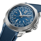 Octo Roma WorldTimer watch with interchangeable satin-polished stainless steel bracelet and additional blue rubber strap, satin-polished stainless steel case and matte blue Clous de Paris dial. Mechanical manufacture movement with automatic winding, WorldTimer, 24 time zones and 24-hour indicator. Water-resistant up to 100 metres. 103762 image 4