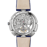 Serpenti Incantati Limited Edition watch with mechanical manufacture skeletonized movement, tourbillon and manual winding. 18 kt white gold case set with brilliant cut diamonds, transparent dial and blue alligator bracelet. 102541 image 3