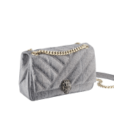 Serpenti Cabochon shoulder bag in soft matelassé charcoal diamond metallic karung skin with graphic motif. Snakehead closure in light gold plated brass decorated with matte black and glitter charcoal diamond enamel, and black onyx eyes. 981-MK image 2
