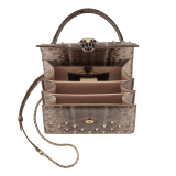 Serpenti Forever small top handle bag in foggy opal grey shiny karung Cabochon skin with crystal rose nappa leather lining. Captivating snakehead magnetic closure in light gold-plated brass embellished with black enamel and light gold-plated brass scales, and black onyx eyes. 293334 image 4