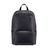 BULGARI Man large backpack in black smooth and grainy metal-free calf leather with Olympian sapphire blue regenerated nylon (ECONYL®) lining. Dark ruthenium-plated brass hardware, hot stamped BULGARI logo and zipped closure. 291922 image 1
