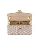 Serpenti Forever Day-to-Night small shoulder bag with a topaz and platinum Calla Crystals pattern applied on suede, and a bright Travertino nappa leather lining. Captivating snakehead magnetic closure in gold-plated brass embellished with diamond-cut engraving on the scales, and black onyx eyes. 295103 image 3
